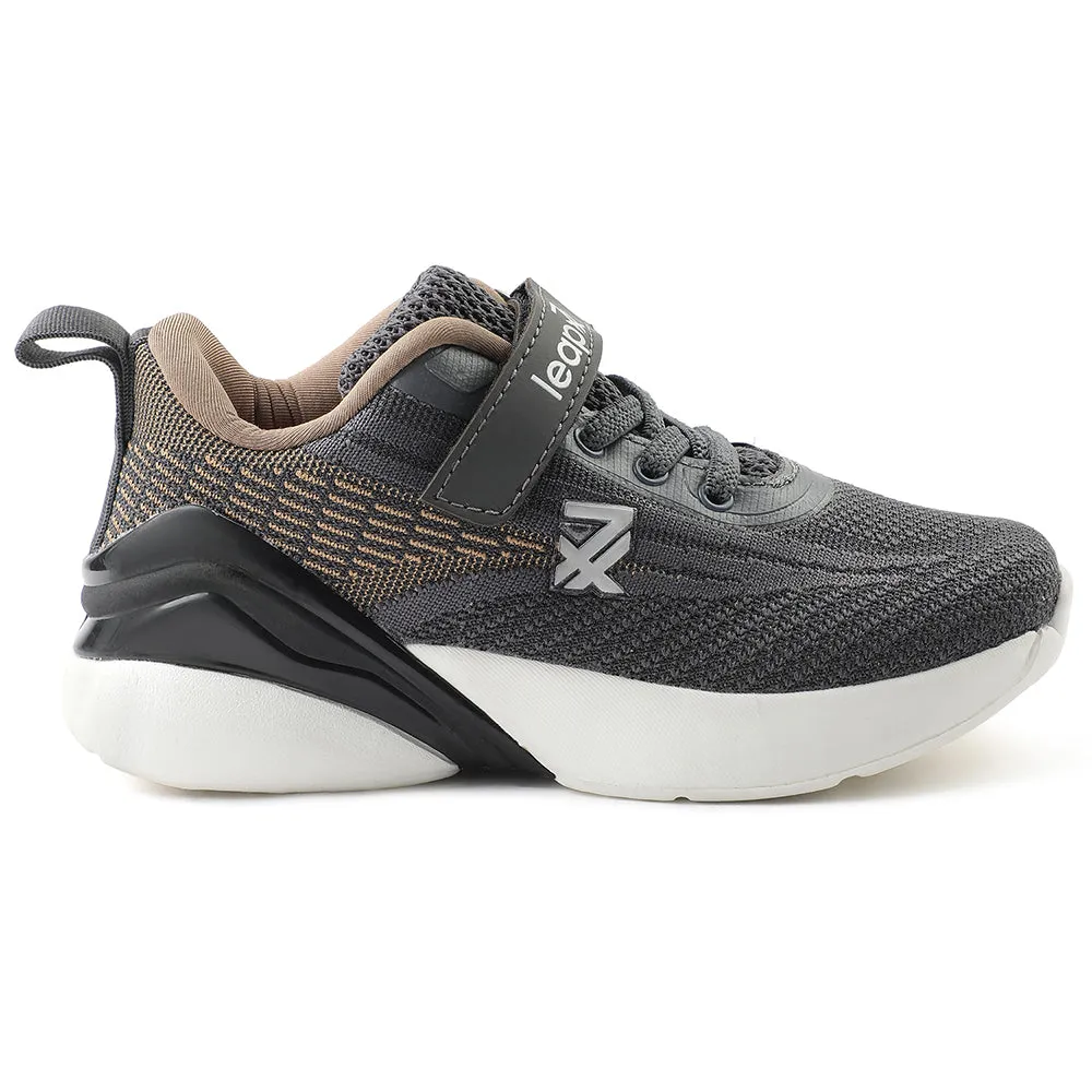 Leap7x Dark Grey Sports Lacing Running Shoes For Kids COVER-02 By Liberty